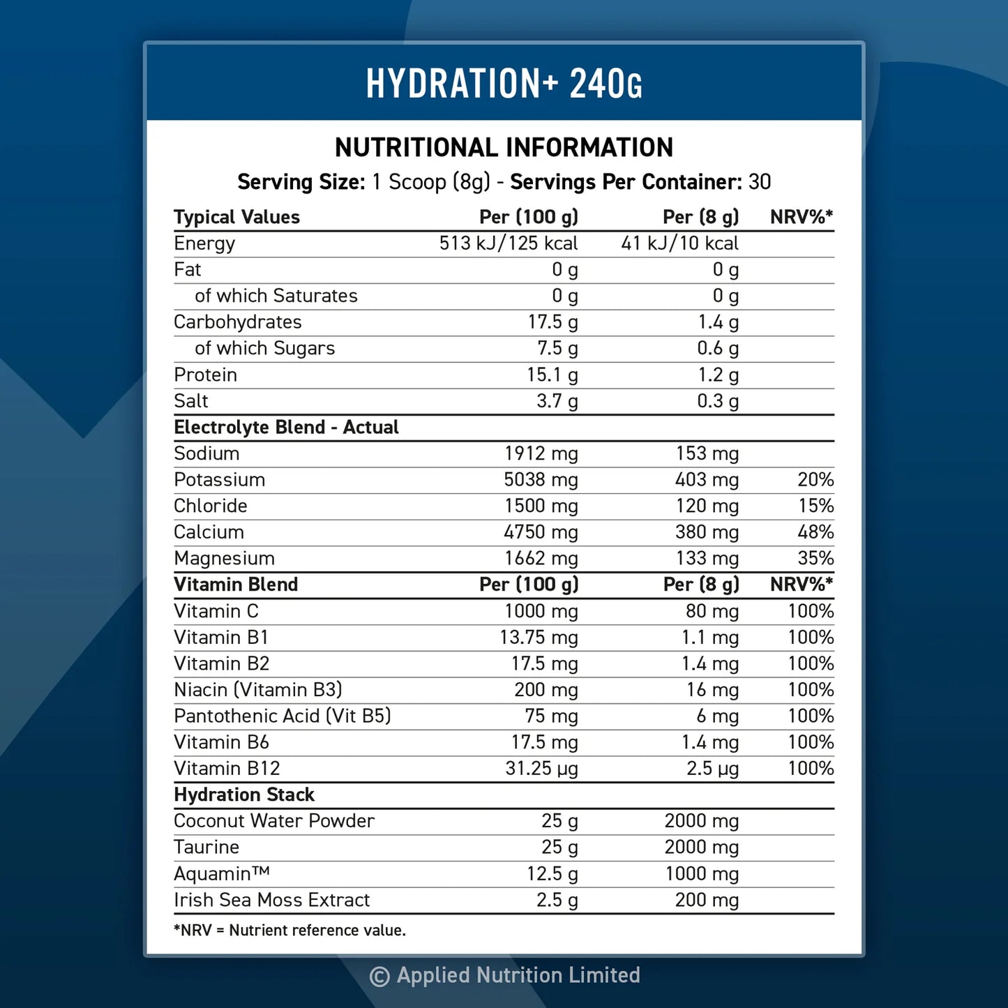Applied Nutrition | Hydra+ Electrolytes & Vitamins | Blue Raspberry | 240g