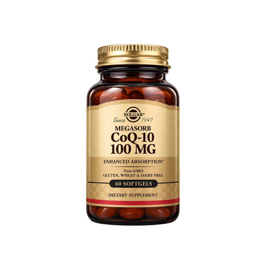 A bottle of Solgar Megasorb CoQ10 100 MG dietary supplement, containing 60 softgels, with a gold cap and a beige label on a white background.