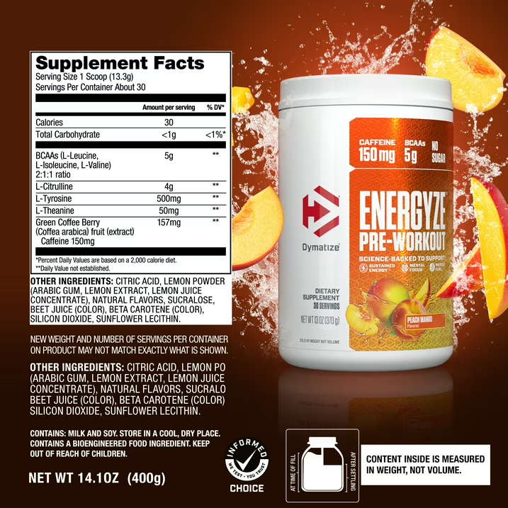 Dymatize Energize Pre-Workout | Peach Mango | 30 Servings