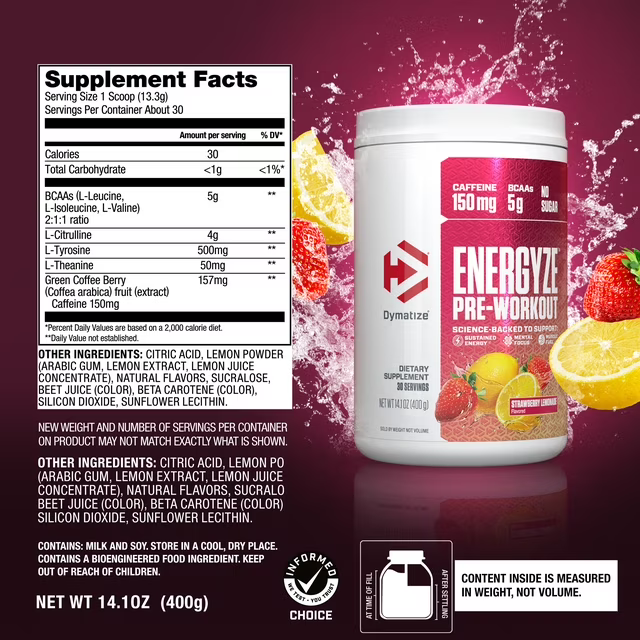 Dymatize Energize | Pre-Workout | Strawberry Lemonade | 30 Servings