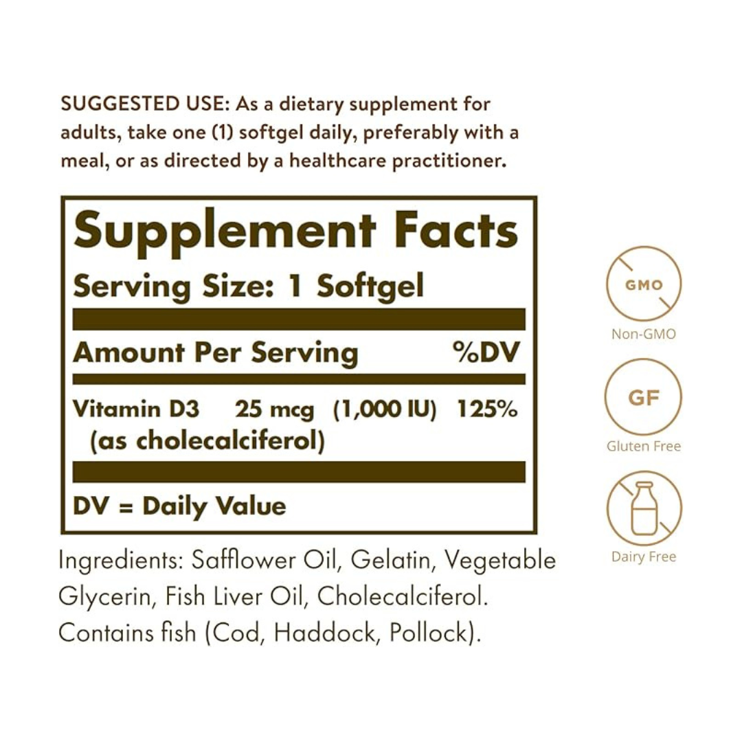 SOLGAR VITAMIN-D3 (1000IU) 100 SOFTGELS