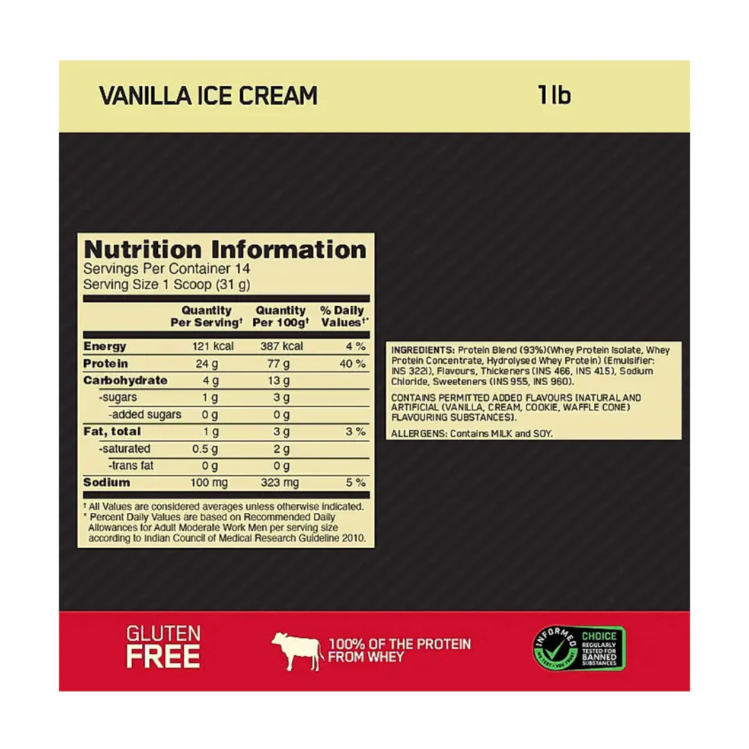 ON Optimum Nutrition Gold Standard Whey Protein 1 lb Vanilla Ice Cream