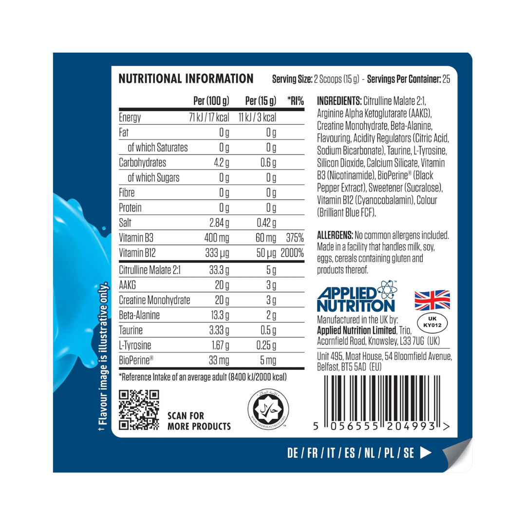 APPLIED NUTRITION ZERO STIM PUMP PRE WORKOUT-ICY BLUE RAZ-25 SERVINGS