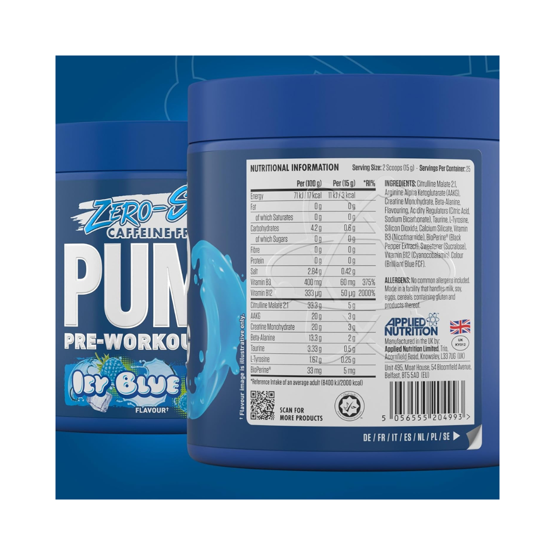 APPLIED NUTRITION ZERO STIM PUMP PRE WORKOUT-ICY BLUE RAZ-25 SERVINGS