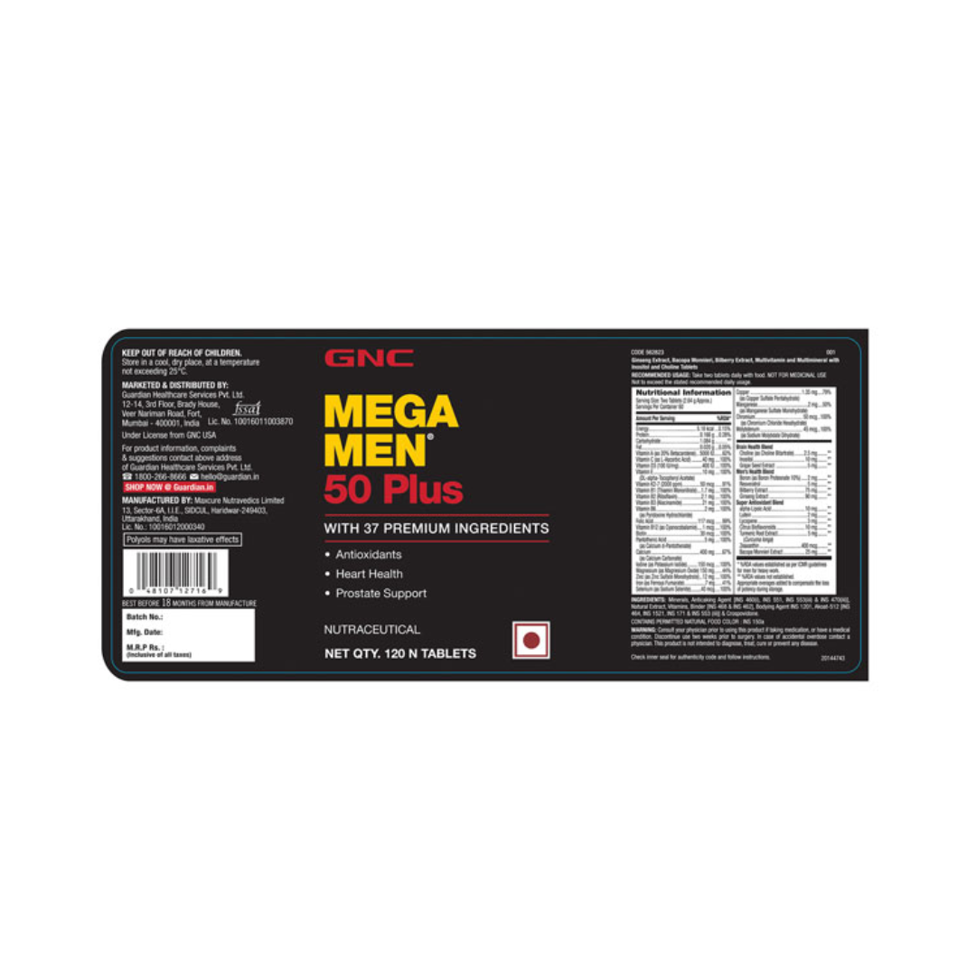 GNC Mega Men 50 Plus One Daily Multivitamin 120 N Tablets Unflavoured