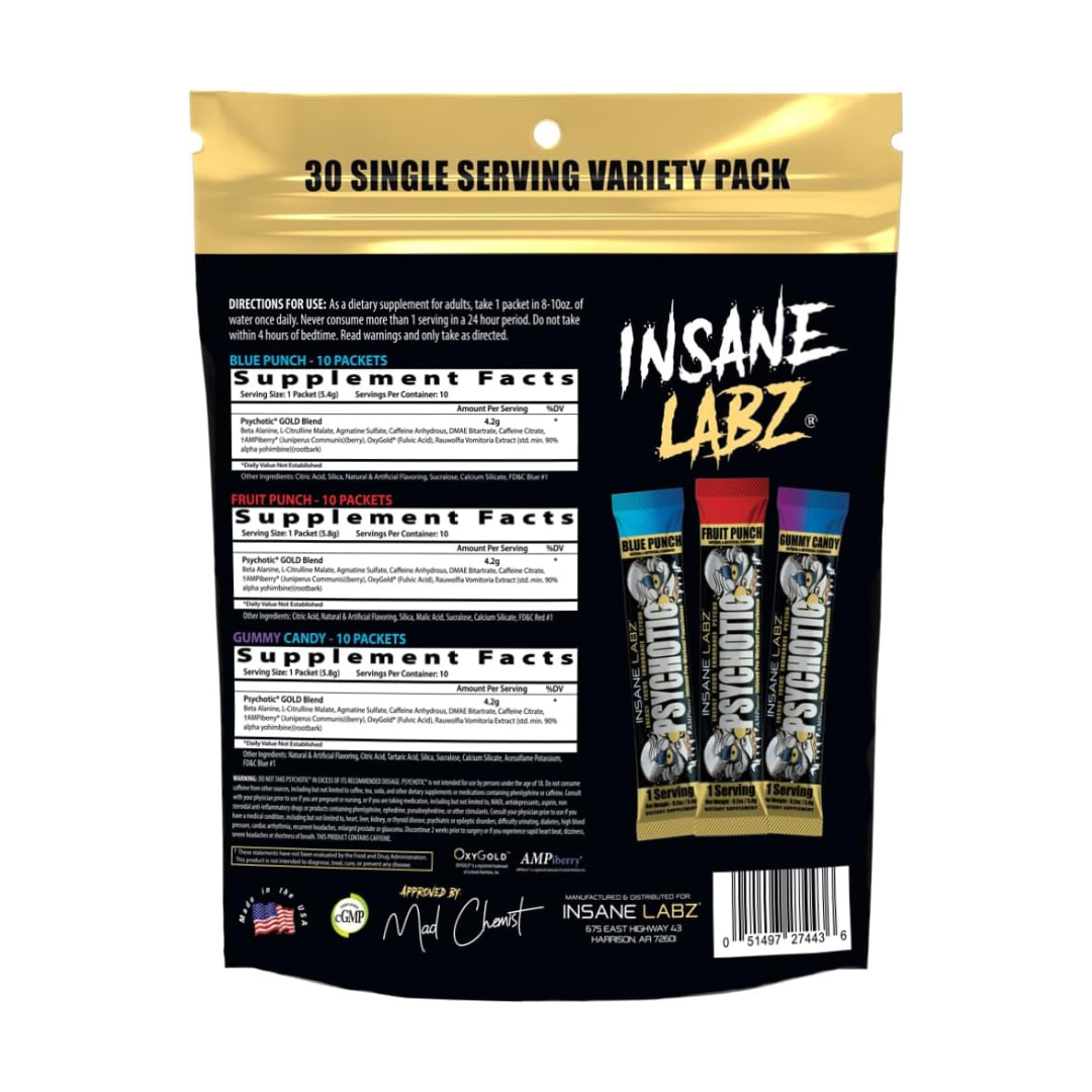 INSANE LABZ PSYCHOTIC GOLD PRE-WORKOUT-30 SINGLE SERVING VARIETY PACK