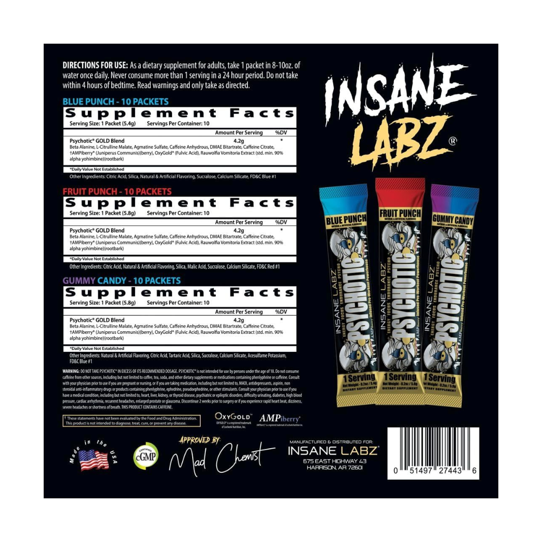 INSANE LABZ PSYCHOTIC GOLD PRE-WORKOUT-30 SINGLE SERVING VARIETY PACK