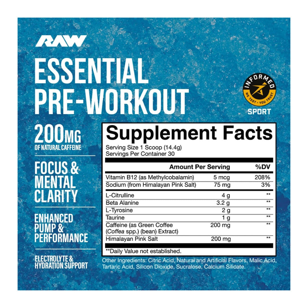 RAW BUM ESSENTIAL PRE WORK OUT BLUE RASPBERRY 30 SER