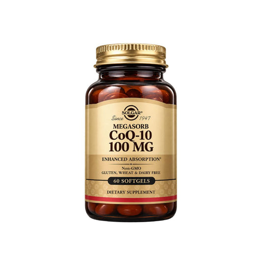 A bottle of Solgar Megasorb CoQ10 100 MG dietary supplement, containing 60 softgels, with a gold cap and a beige label on a white background.