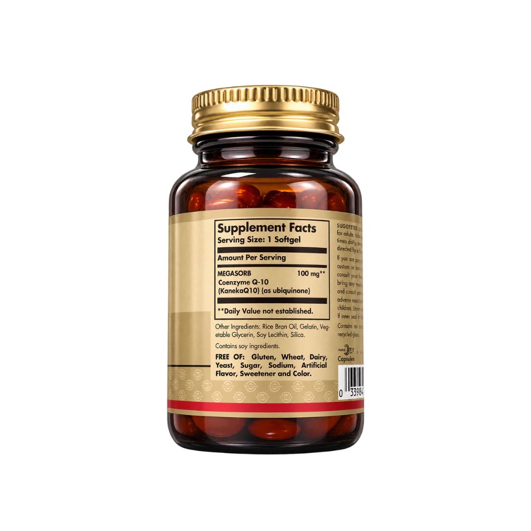 An amber glass bottle of dietary supplements with a gold metal cap, showing the Supplement Facts label on a plain white background.