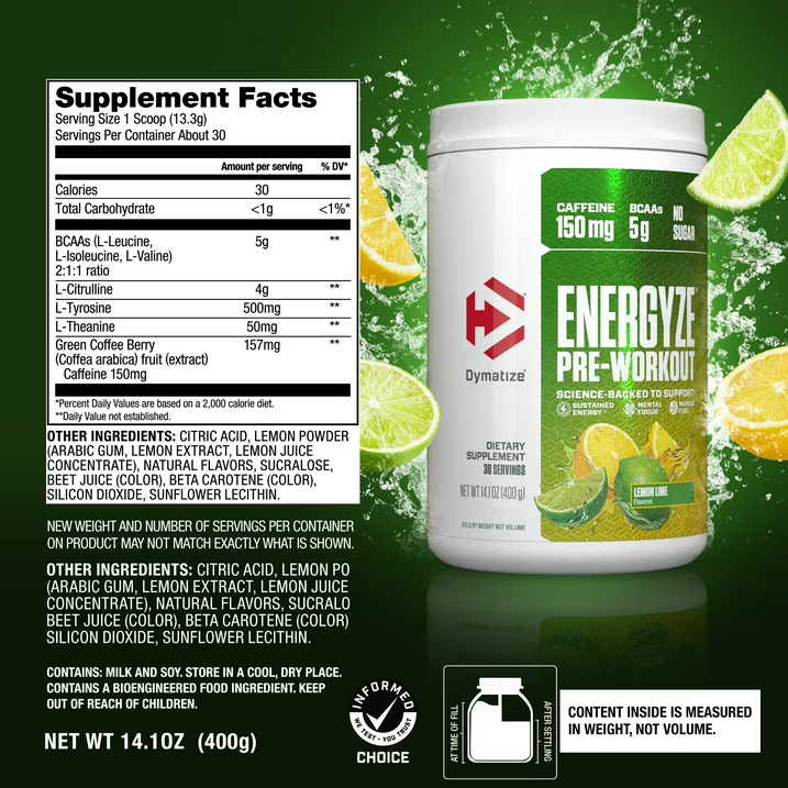 Dymatize Energize | Pre-Workout | Lemon Lime | 30 Servings